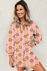 Pink Floral Print Zip Neck Striped Patchwork Long Sleeve Drawstring Dress
