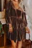 Chicory Coffee Solid Color Velvet V Neck Long Sleeve Tiered Mini Dress