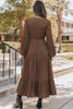 Chestnut Solid Long Sleeve Button V Neck Tiered Maxi Dress Chestnut Solid Long Sleeve Button V Neck Tiered Maxi Dress