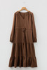 Chestnut Solid Long Sleeve Button V Neck Tiered Maxi Dress Chestnut Solid Long Sleeve Button V Neck Tiered Maxi Dress