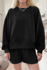 Black Ribbed Texture Baggy Drop Shoulder Pullover and Shorts Set