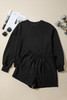 Black Ribbed Texture Baggy Drop Shoulder Pullover and Shorts Set