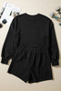 Black Ribbed Texture Baggy Drop Shoulder Pullover and Shorts Set