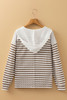 Khaki Stripe Buttoned V Neck Textured Hooded Plus Size Top