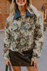 Khaki Floral Print Zip Up Contrast Collared Jacket