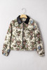 Khaki Floral Print Zip Up Contrast Collared Jacket