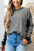 Black Stripe Thermal Knit Drop Shoulder Casual Top