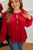 Red Clay Plus Size Tie Front Velvet Peplum Blouse