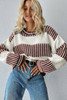 Brown Two Tone Striped Patchwork Drop Shoulder Loose Sweater