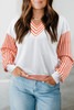 Orange Stripe  V Neck Drop Shoulder Patchwork Long Sleeve Top