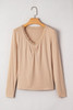 Smoke Gray Lace-trimmed Sweetheart Neckline Ruched Detail Long Sleeve T-shirt