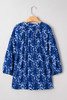 Blue Botanical Print Bracelet Sleeve Notched Neck Blouse