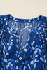 Blue Botanical Print Bracelet Sleeve Notched Neck Blouse