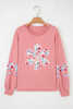 Peach Blossom Floral Applique Baggy Pullover Sweatshirt