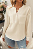Pleated V Neck Pockets Button Drop Shoulder Blouse Pleated V Neck Pockets Button Drop Shoulder Blouse