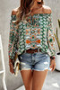 Boho Print Off Shoulder Long Sleeve Knot Front Blouse