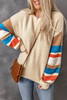 Apricot Crew Neck Lantern Sleeve Striped Color Block Sweater