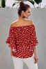 Red Polka Dot 3/4 Bell Sleeve Off Shoulder Front Tie Knot Top