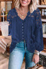 Blue V Neckline Lace Shoulder Patchwork Blouse