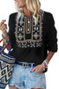Black 3/4 Sleeves Embroidered Pattern Pleated Blouse Black 3/4 Sleeves Embroidered Pattern Pleated Blouse