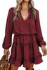 Wine V Neck Long Sleeve Ruffle Tiered Mini Dress Wine V Neck Long Sleeve Ruffle Tiered Mini Dress