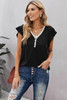 Black V Neck Buttoned Lace Trim Short Sleeve Tee