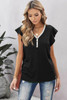 Black V Neck Buttoned Lace Trim Short Sleeve Tee