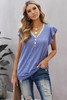 V Neck Buttoned Lace Trim Short Sleeve Tee