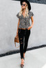 Black V-neck Short Sleeve Fashion Print Fantasy Fluttering Blouse