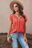 Red V-neck Short Sleeve Fashion Print Fantasy Fluttering Blouse