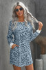 Sky Blue Crew Neck Long Sleeve Leopard Print Mini Dress