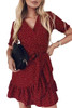 Red Bohemian Dotted Print Wrap V Neck Ruffled Mini Dress