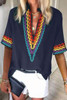 Blue Ethnic Colorblock Short Sleeves Top