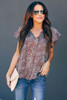 Brown V-neck Short Sleeve Fashion Print Fantasy Fluttering Blouse