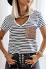 V Neck Striped T-shirt with Patch Pocket