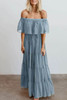 Sky Blue Off Shoulder Ruffle Swiss Dot Maxi Dress