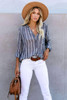 Blue Striped V Neck Pocket Long Sleeve Top