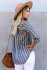 Blue Striped V Neck Pocket Long Sleeve Top