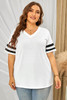 White Plus Size Stripes Stitching Sleeve V Neck T-shirt