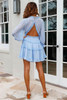 Sky Blue Layered Ruffled Open Back Puff Sleeve Swiss Dot Mini Dress Sky Blue Layered Ruffled Open Back Puff Sleeve Swiss Dot Mini Dress