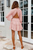 Pink Layered Ruffled Open Back Puff Sleeve Swiss Dot Mini Dress