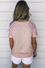 Pink Crewneck Raglan Sleeve Striped Patchwork T-shirt