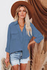 Blue Turn-down Collar Pocketed Button Shirt