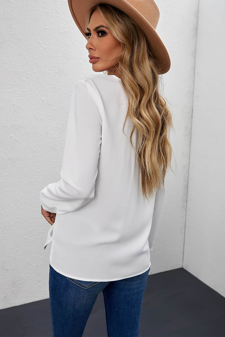 White Embroidered V Neck Blouse