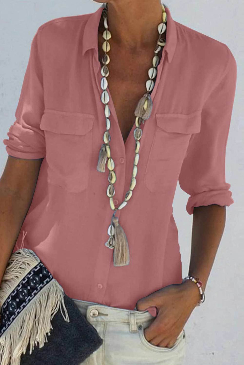 Pink Turn-down Collar Pocketed Button Shirt