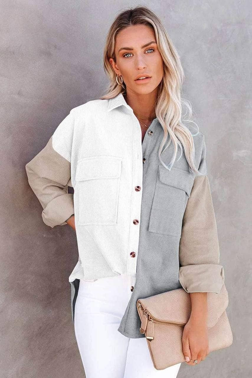 White Color Block Button Shirt with Pocket