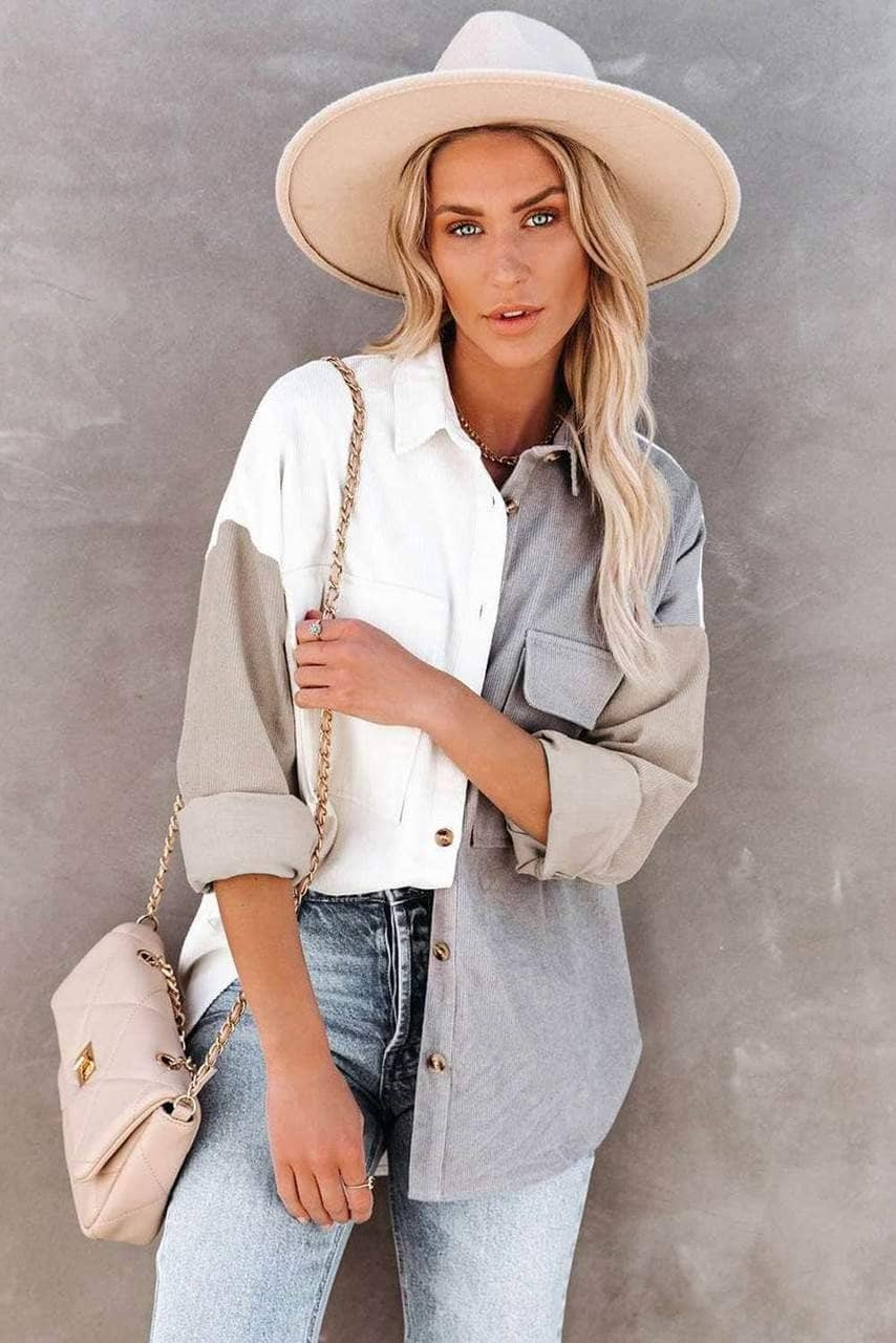 White Color Block Button Shirt with Pocket