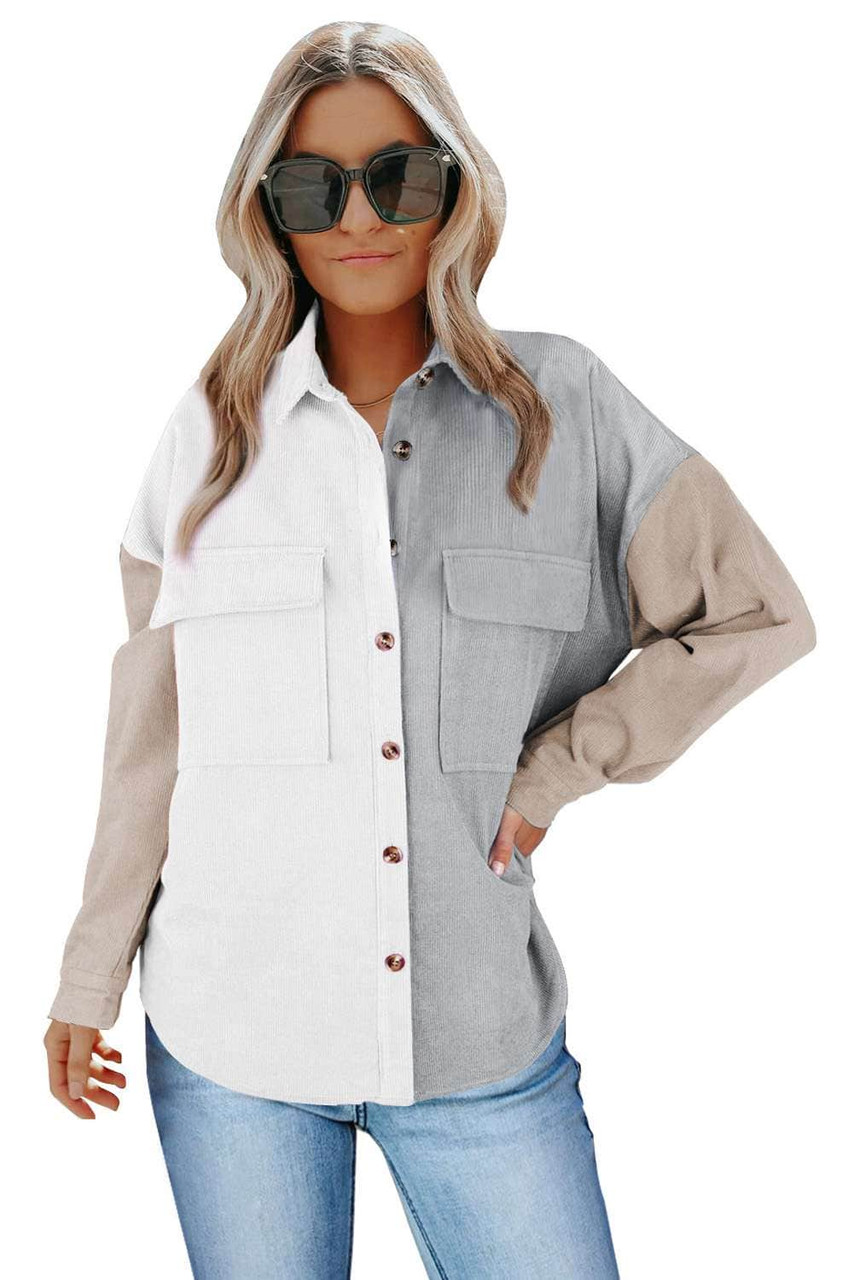 White Color Block Button Shirt with Pocket