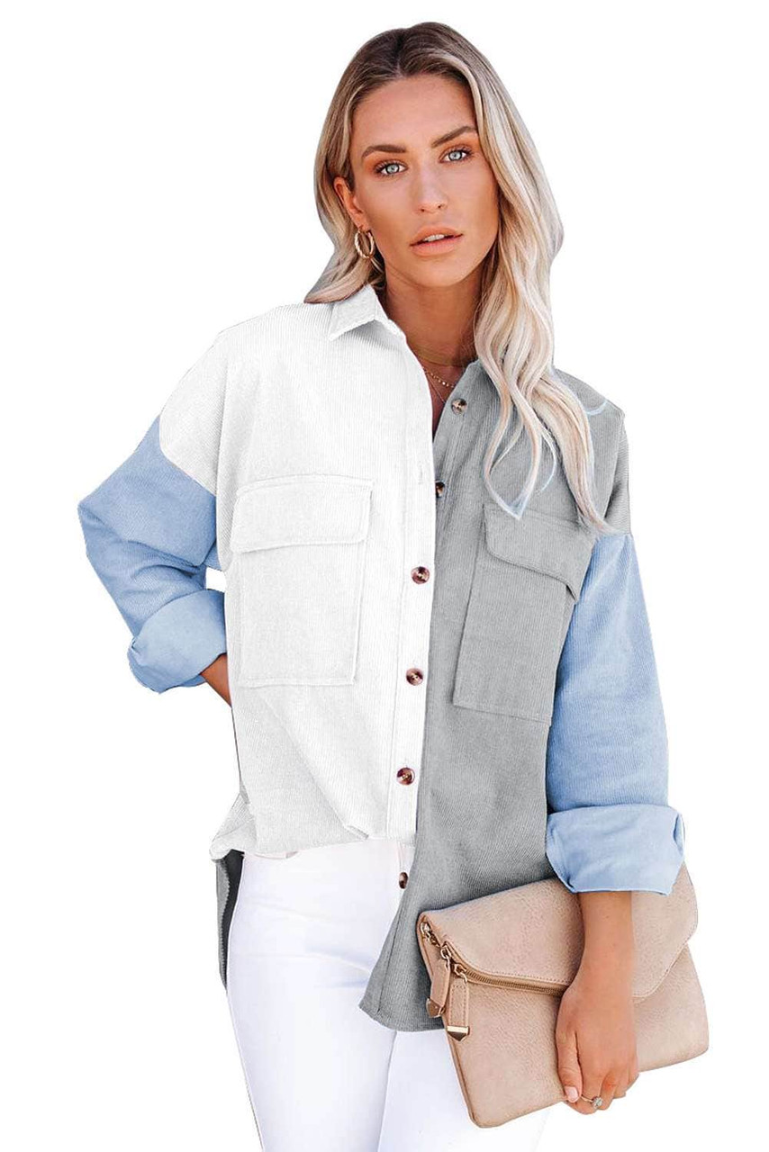 Sky Blue Color Block Button Shirt with Pocket