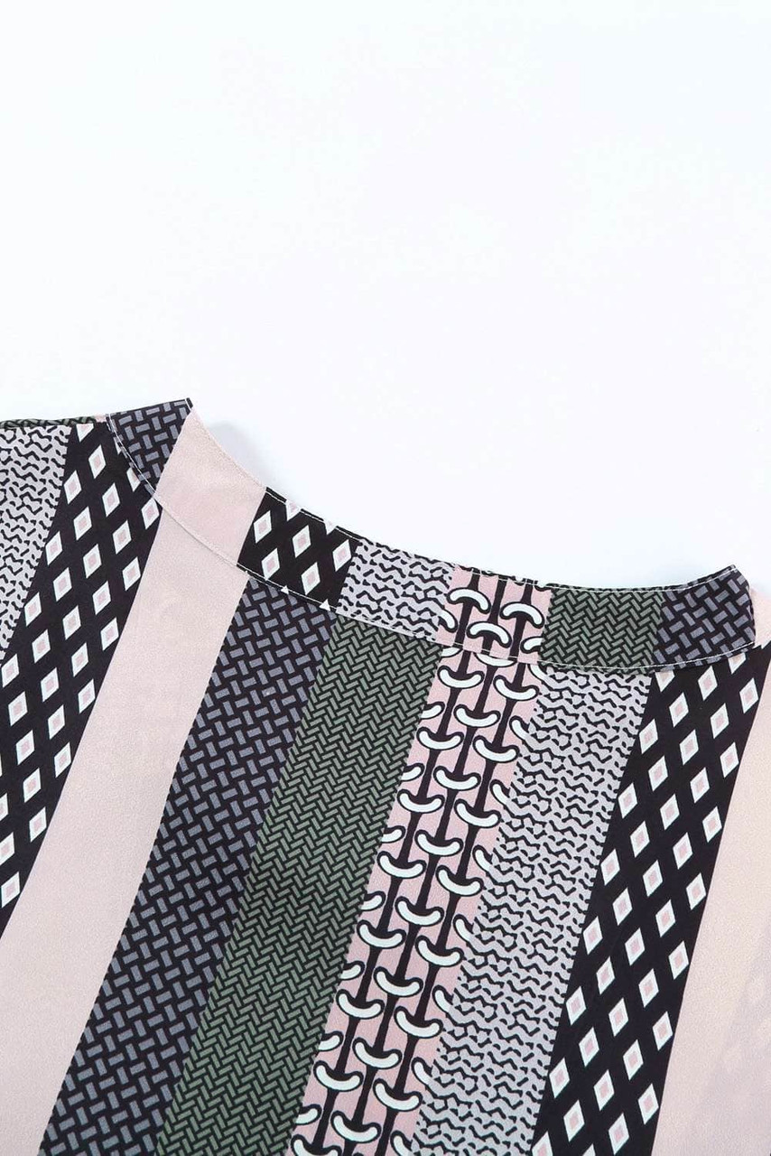 Green Geometric Print V neck Flare Half Sleeve Ruffle Swing Mini Dress
